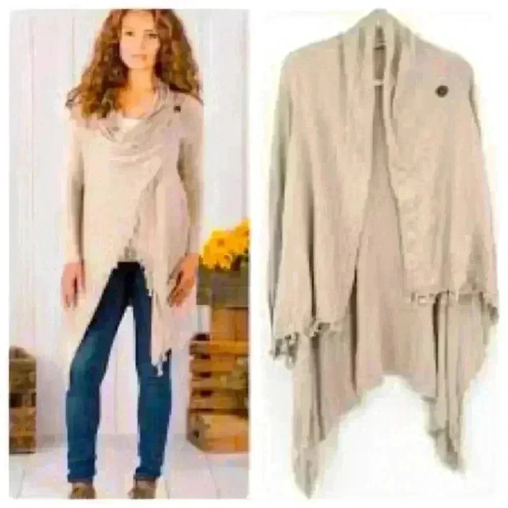 Matilda Jane Cardigan Wrap Women S/M Tan Excellent Fringe Draped Boho Sweater